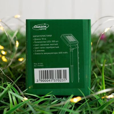 Гирлянда «Нить» 10 м роса, IP44, серебристая нить, 100 LED, свечение жёлтое, 2 режима, солнечная батарея