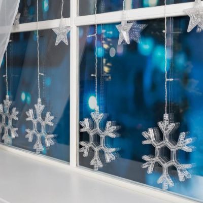 Гирлянда «Бахрома» 2.4 × 0.9 м с насадками «Снежинки», IP20, прозрачная нить, 150 LED, свечение белое, 8 режимов, 220 В