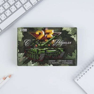 Подарочный набор «С 23 февраля» блокнот, значок, наклейки и карандаши 2 шт