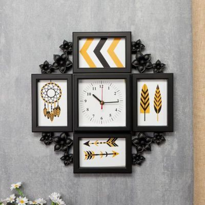 Фоторамка пластик на 4 фото 10х15 см с часами "Цветочки" чёрная 42х42 см