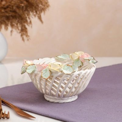 Конфетница "Ладушка", белая, цветная лепка, плетение, керамика, 9 см, микс