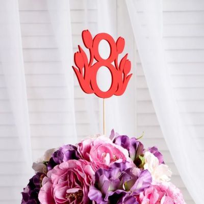 Топпер "8 марта", с букетами, красный, 14х10см Дарим Красиво