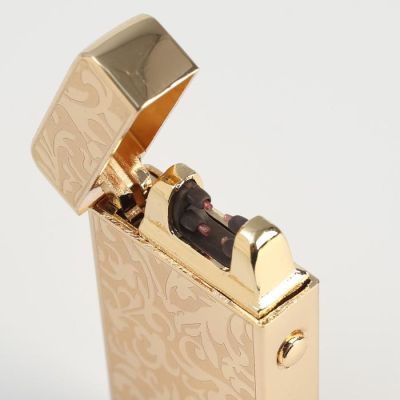 Зажигалка электронная, дуговая, USB, цветочный орнамент, золотая, 7.5х12 см
