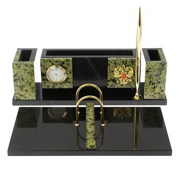 Письменный набор из камня "Люкс" с гербом РФ, часами и ручкой №44 (камень змеевик), 30 х 23 х 9 см
