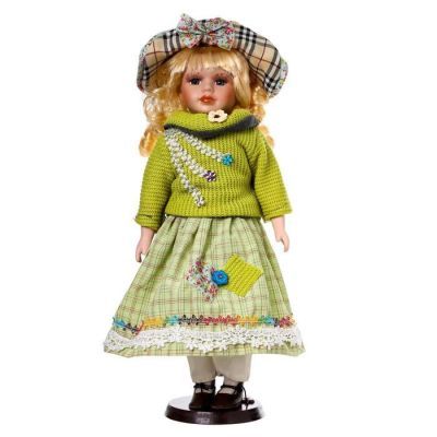 Кукла коллекционная керамика "Блондинка с кудрями, в зелёном свитере с тесьмой" 40 см