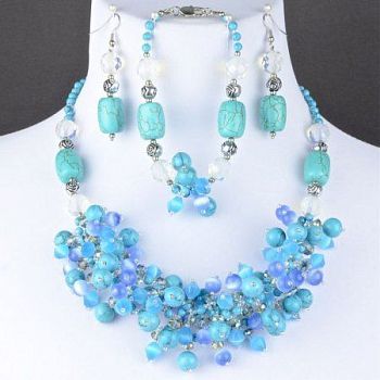 Комплект Бирюза, лунный камень, кошачий глаз, бисер, хрусталь "Эльф" арт. ВАС-1503