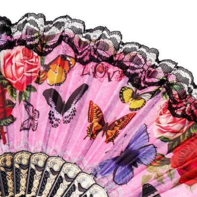 Веер пластик, текстиль "Бабочки и цветы на леопарде с кружевом" МИКС 23 см