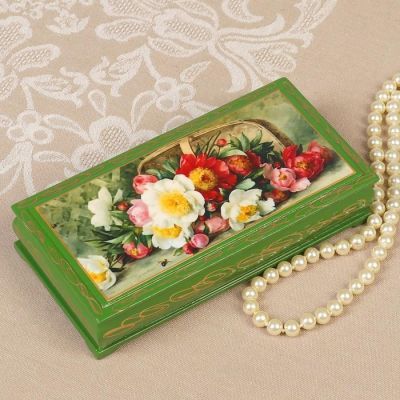 Шкатулка - купюрница «Букет цветов», зелёная, 8,5×17 см, лаковая миниатюра