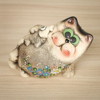 Копилка "Кот с рыбой", под шамот, 15,5 см, микс
