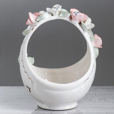 Конфетница "Корзина", белая, цветная лепка, птички, 22 см, микс