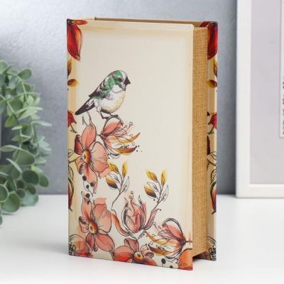 Сейф-книга дерево кожзам "Зелёная птичка с розовыми цветами" 21х13х5 см