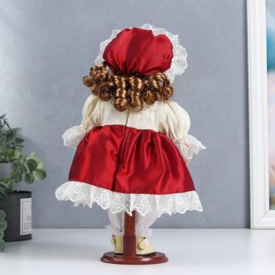 Кукла коллекционная керамика "Мила в красно-белом платье и чепчике" 30 см