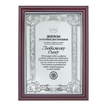 Диплом в рамке "Любимому сыну", серебро 14,8 х 19,8 см