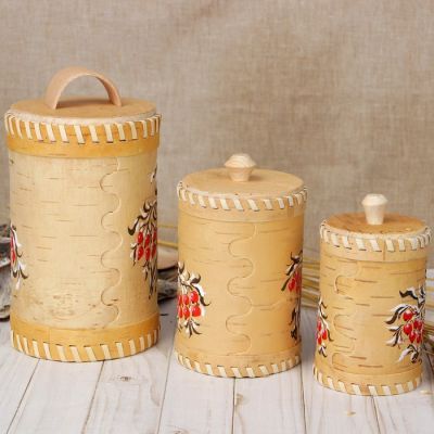 Набор туесов «Птички», ручная роспись, 3 шт, размер туеса: 18×12×12 см, береста