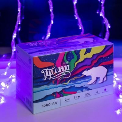 Гирлянда «Водопад» 2 × 1.5 м, IP20, прозрачная нить, 400 LED, свечение фиолетовое, 8 режимов, 220 В