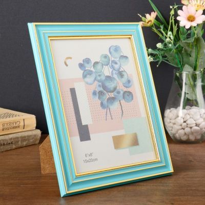 Фоторамка пластик 15х20 см "Голубая с тремя золотыми полосами" 24х19х1,2 см