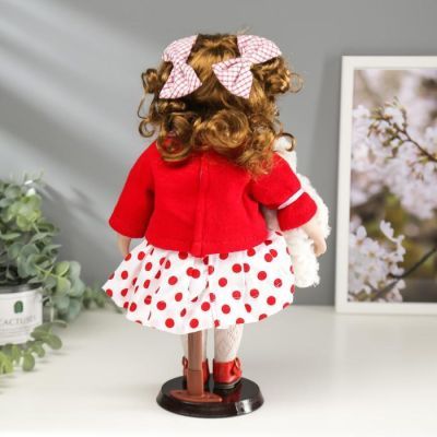 Кукла коллекционная керамика "Малышка Аля в красном свитере и юбке в горох, с мишкой"30,5 см
