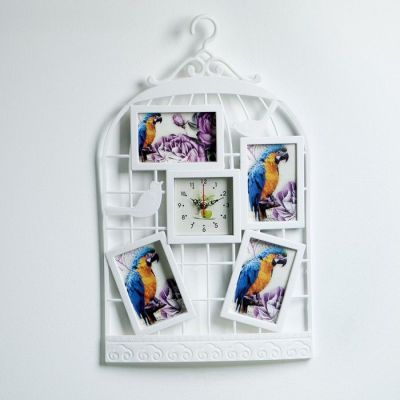 Часы настенные, серия: Фото, "Клетка", 4 фоторамки, белые, 38х62 см, микс