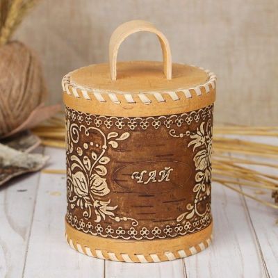 Туес «Цветы», чай, d=10 см, береста