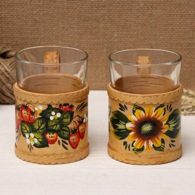 Подстаканник со стаканом "Земляничка, подсолнух" роспись,  d8см, h12см,  береста
