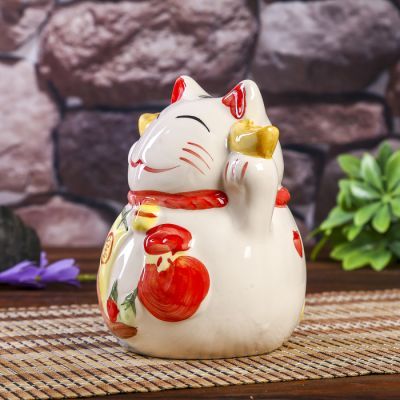 Сувенир кот копилка керамика "Манэки-нэко с рисунком на животе" МИКС 16х13х12,5 см