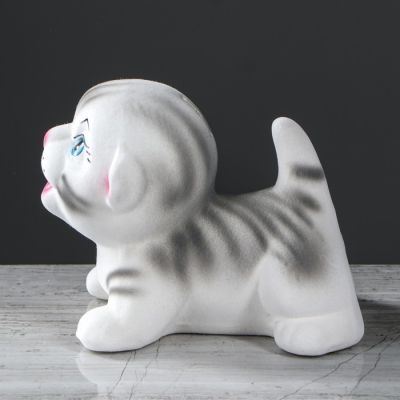 Копилка "Котик Максик", флок, серая, 14 см