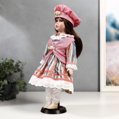 Кукла коллекционная керамика "Катя в платье в полоску и розовом жилете" 40 см
