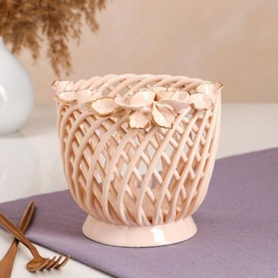 Конфетница "Горшочек", бежевая, лепка, плетение, 14 см, микс