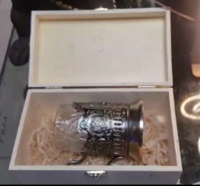 Подстаканник «Герб РФ», со стаканом (латунь, никель) в деревянной шкатулке