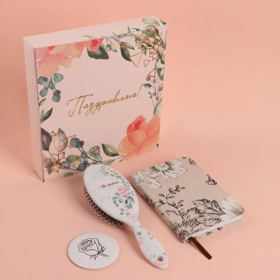 Подарочный набор «Цветочки», 3 предмета: зеркало, массажная расчёска, ежедневник