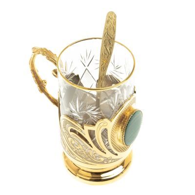 Подстаканник "Малахитовый" с ложечкой в стильной коробке (золото, никель)