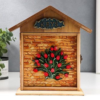 Ключница дерево 6 крючков домик "Букет тюльпанов" 26х22х7,5 см