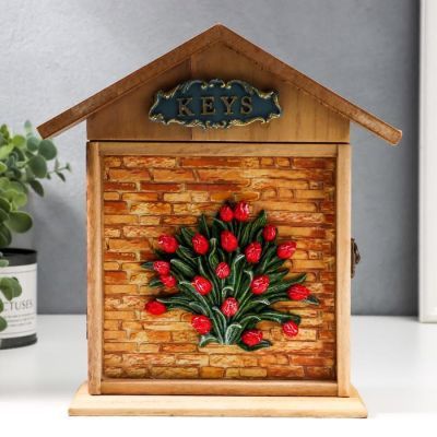 Ключница дерево 6 крючков домик "Букет тюльпанов" 26х22х7,5 см