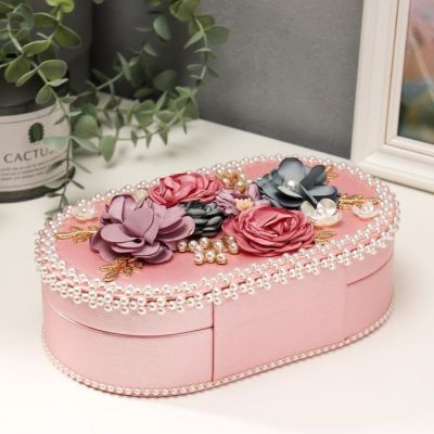 Шкатулка кожзам для украшений "Цветы с жемчугом" розовый перламутр 6,5х13,5х22,5 см