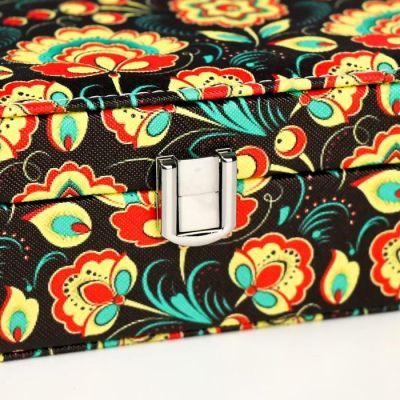 Шкатулка кожзам под часы 1 отделение и бижутерию "Сказочные цветы на чёрном" 7х22х14,5 см