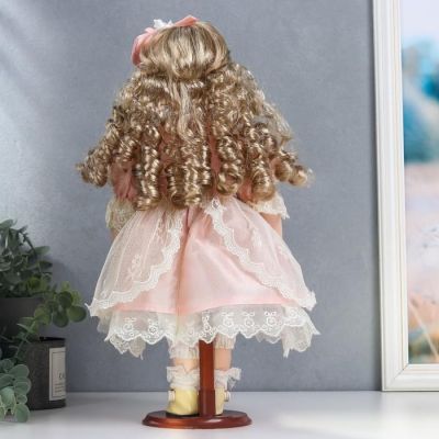 Кукла коллекционная керамика "Женя в нежно-розовом платье с кружевом" 40 см