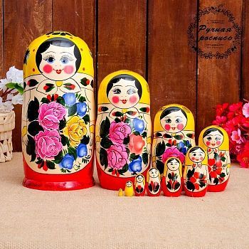 Матрёшка «Семёновская», жёлтый платок, 10 кукольная, 24 см, ручная работа