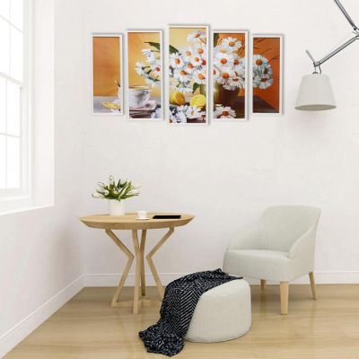 Модульная картина "Чай с букетом ромашек" 23х59-1шт, 20х53-2шт, 18х47-2шт, 60х100 см