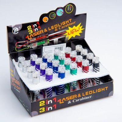 Фонарь-лазер ручной, с карабином,  2 LED, 7 х 1.5 см, микс