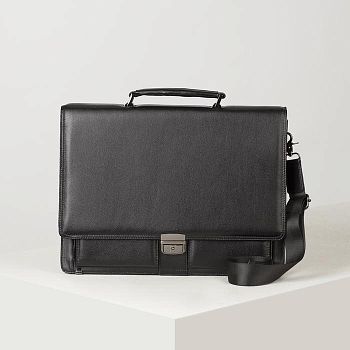 Портфель деловой, 3 отдела, 5 наружных карманов, длинный ремень, цвет чёрный