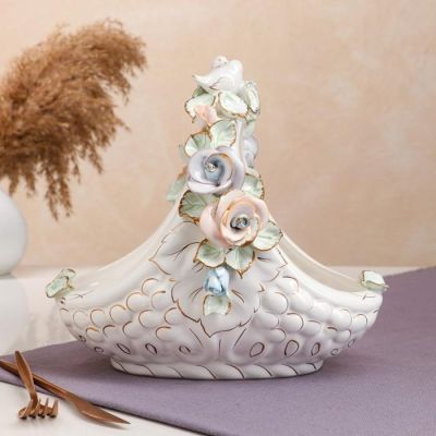 Конфетница "Корзинка", белая, цветная лепка, птички, 28 см, микс