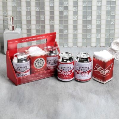 Набор «23 Февраля» гель и шампунь банка пива 250 мл аромат сливочного пива, полотенце