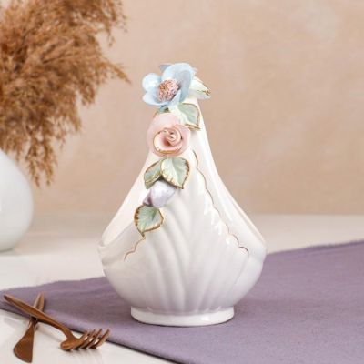 Конфетница "Корзина", белая, цветная лепка, золотистая роспись, 22 см, микс