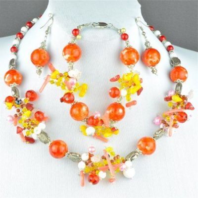 Комплект Коралл, хрусталь, жемчуг "Фелики" арт.КАП-988