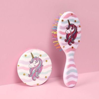 Подарочный набор «Единорог», 2 предмета: зеркало, массажная расчёска, рисунок МИКС