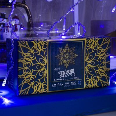 Гирлянда «Бахрома» 3 × 0.6 м, IP44, УМС, прозрачная нить, 160 LED, свечение синее, мерцание белым, 220 В