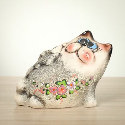 Копилка "Кот с рыбой", под шамот, 15,5 см, микс