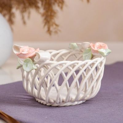 Конфетница "Бант", белая, цветная лепка, плетение, 8 см, микс