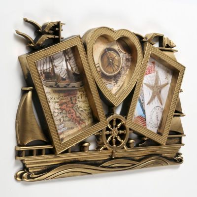 Фоторамка пластик на 3 фото 10х15, 12х12 см "Корабль" тёмное золото 25х40 см