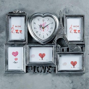 Часы настенные, серия: Фото, "Эйфелева башня", 5 фоторамок, чёрные патина, 38х50 см, микс